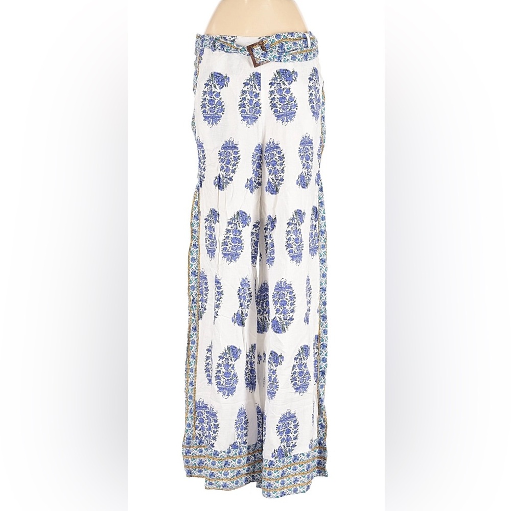 Nicole Miller Linen Blend White and Blue Paisley Trousers SzS